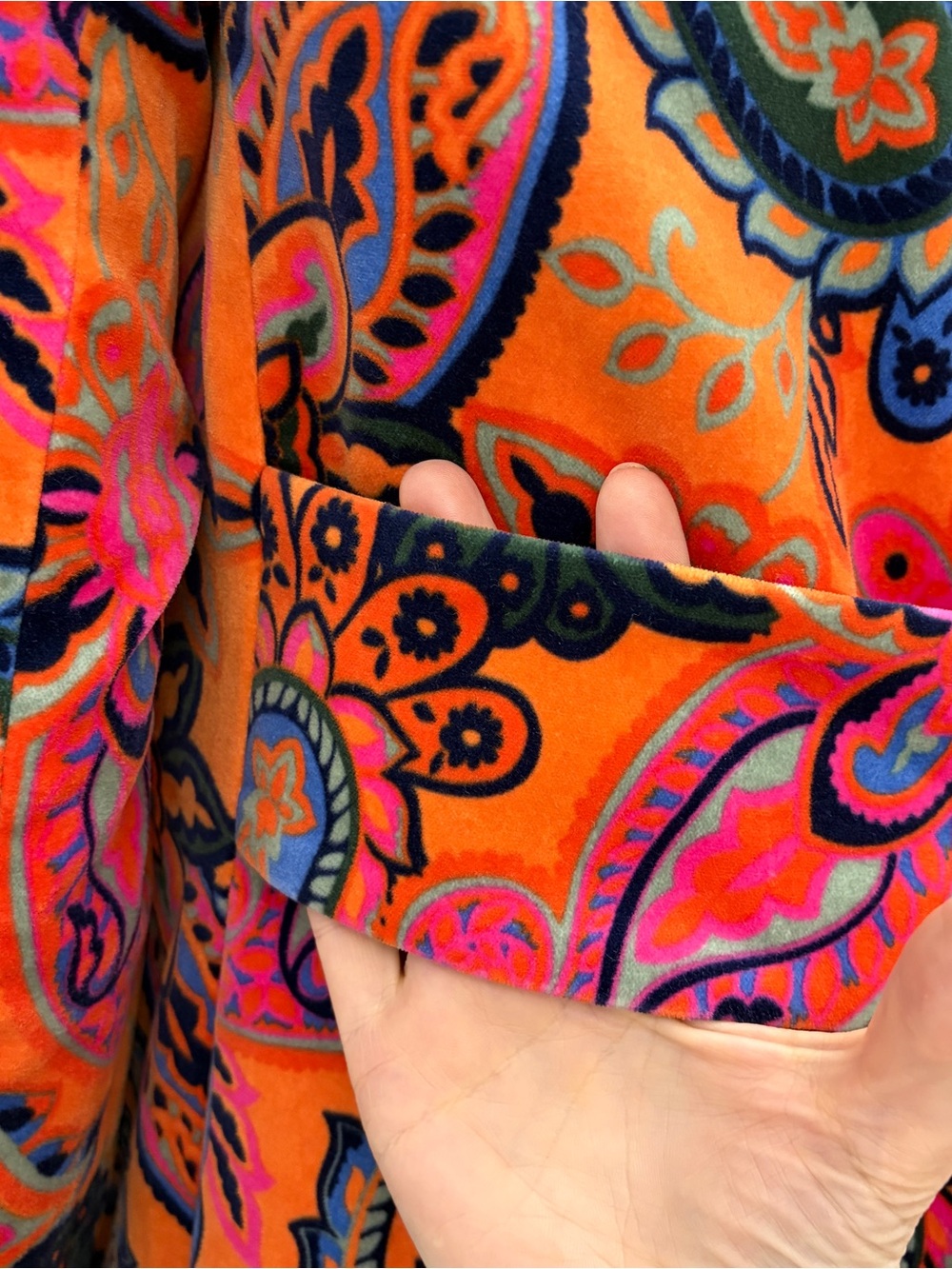 Boden Orange Paisley Velvet  Button-Front Long Sleeve Coat - Size 14 - Picture 8 of 16